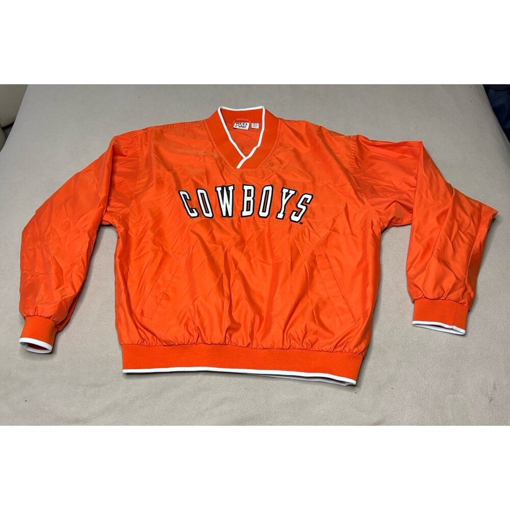 Oklahoma State Cowboys OSU Pullover Windbreaker Mens L Orange V Neck Red Oak